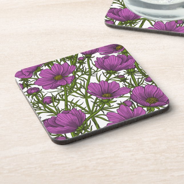 Violet cosmos flowers beverage coaster (Left Side)