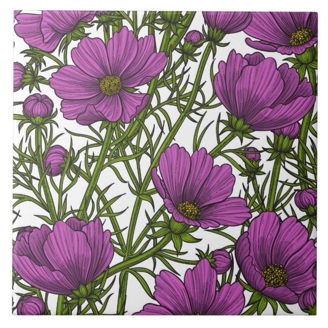 Violet cosmos flowers ceramic tile (Front)