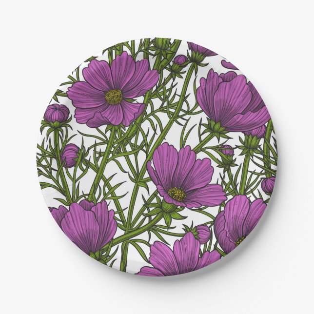 Violet cosmos flowers paper plates (Front)