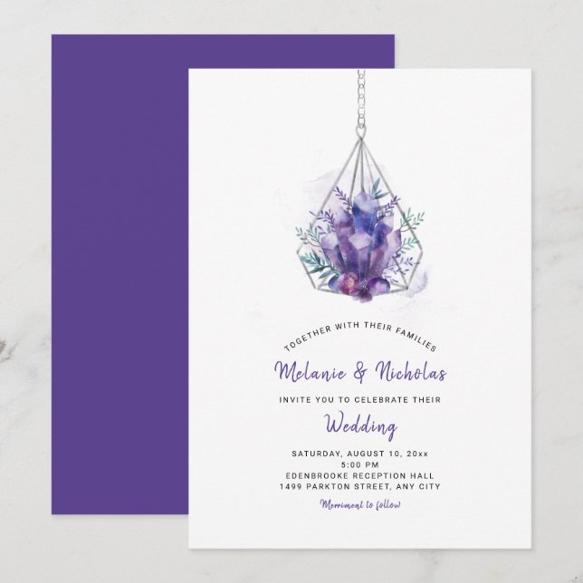 Violet Crystal Wedding Invitations, purple Invitation (Front/Back)