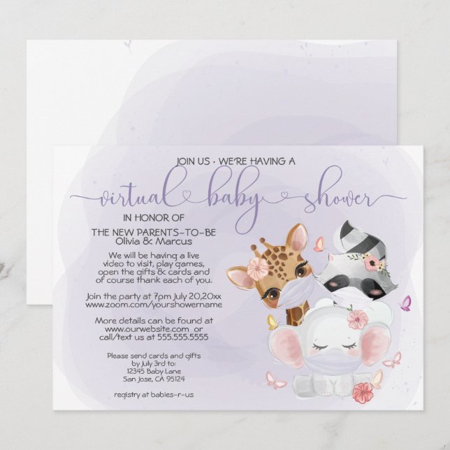 Violet Cute Animals in Masks Virtual Baby Shower Invitation (Front/Back)