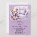 Violet Cute Teddy Bear Chair Girl Baby Shower Invitation