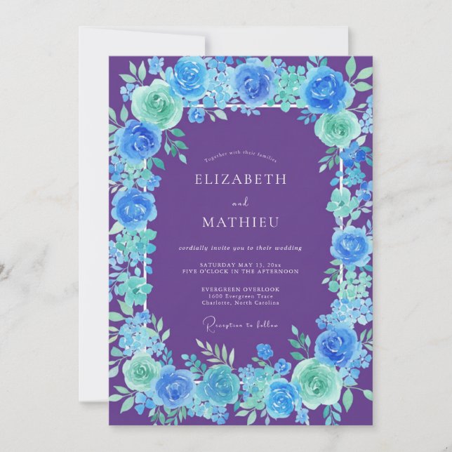 Violet Cyan Peony Wedding Invitation (Front)