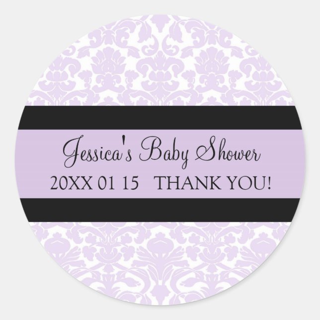 Violet Damask Baby Shower Favor Stickers (Front)