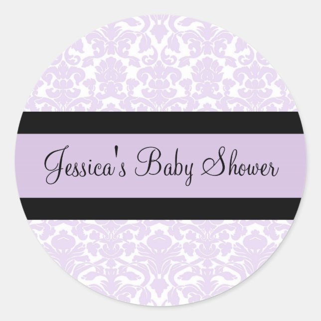 Violet Damask Baby Shower Favor Stickers (Front)