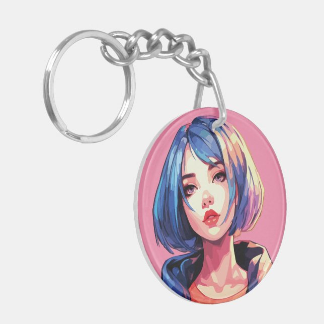 Violet Dream: Anime Girl in Stylish Attire Keychain (Front Left)
