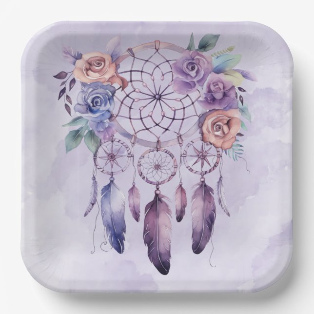 Violet Dreamcatcher and Flowers Girl Baby Shower Paper Plates (Front)