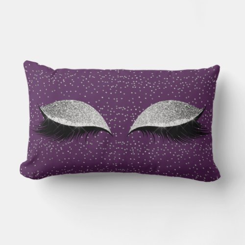 Violet Eggplant Silver Glitter Black Makeup Lashes Lumbar Pillow