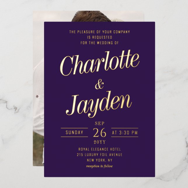 Violet Elegant Foil Script Photo Wedding Invitation (Front/Back)