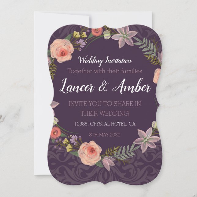 Violet Elegant Pink Rose Wedding Invitation Card (Front)