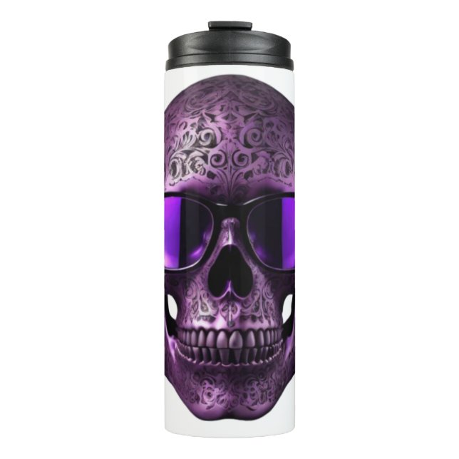 Violet engraved metallic 3D skull with sunglasses Thermal Tumbler (Front)