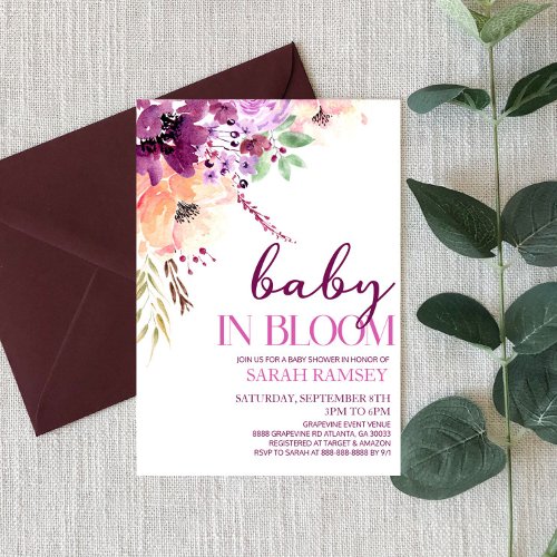 Violet Fall Floral Baby In Bloom Baby Shower Invitation