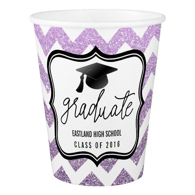Violet Faux Glitter Chevron | Graduate | Black Hat Paper Cup