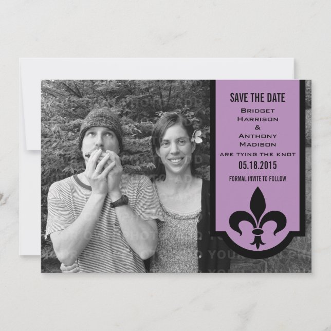 Violet Fleur De Lis Banner Save the Date Invite (Front)