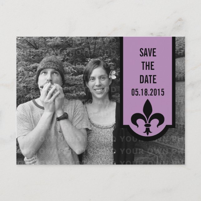 Violet Fleur De Lis Banner Save the Date Postcard (Front)