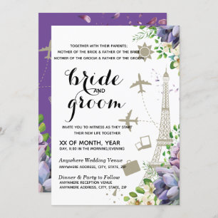 Violet Floral and Travel Themed Wedding Invitation