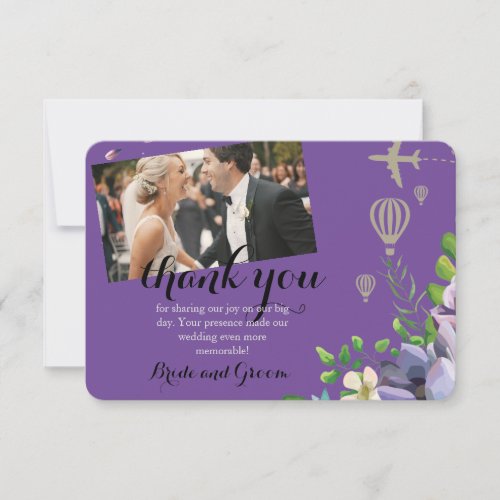 Violet Floral and Travel Themed Wedding Thank You Card