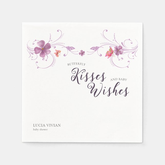 Violet Floral Butterflies Kisses & Wishes Baby Napkins (Front)