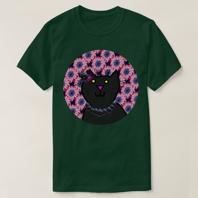 Violet Floral Cat Portrait T-Shirt (Design Front)