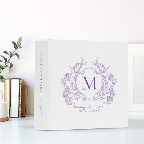 Violet Floral Crest Monogram Office School 3 Ring Binder
