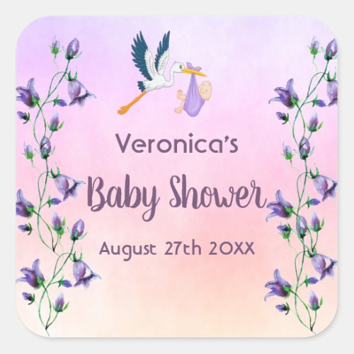 Violet floral garden theme baby shower with stork square sticker