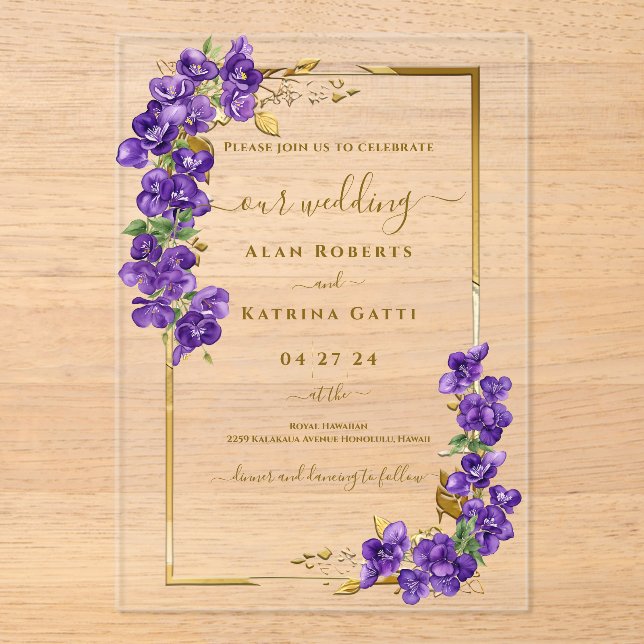 Violet Floral Gold Wedding Acrylic Invitation (Front)
