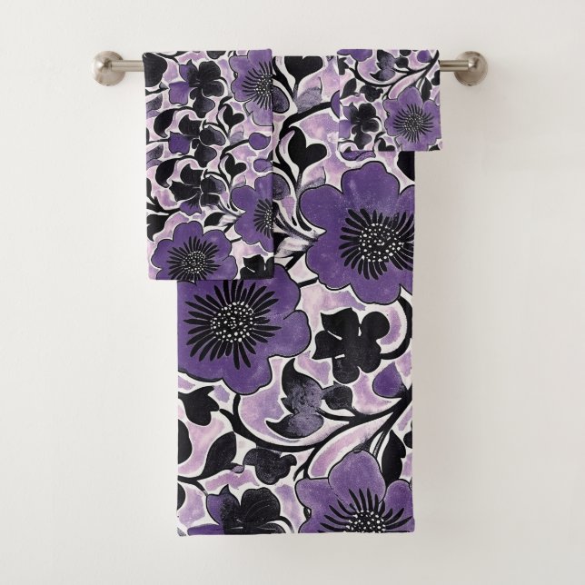 Violet Floral Pattern Bath Towel Set (Insitu)