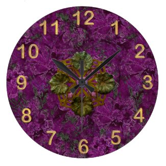 Violet Floral Pattern Leafy Brooche Golden Numbers Large Clock