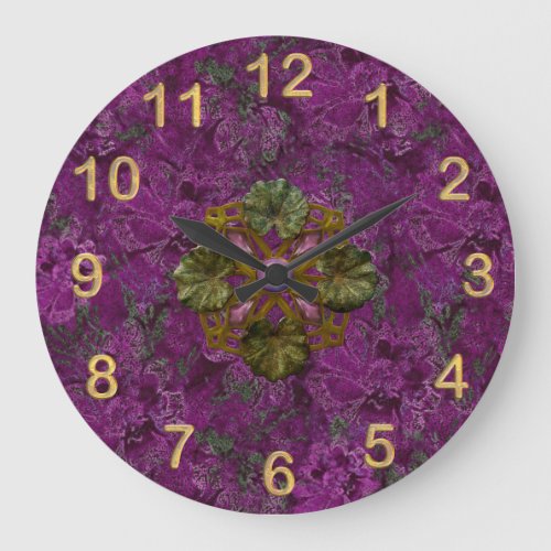 Violet Floral Pattern Leafy Brooche Golden Numbers Large Clock