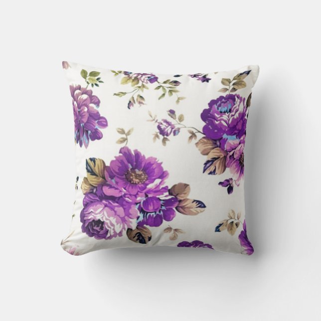 Violet Floral Pattern Throw Pillow (Front)