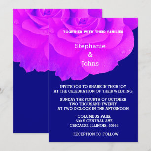 Violet Floral Purple Pink Rose Navy Blue Wedding Invitation