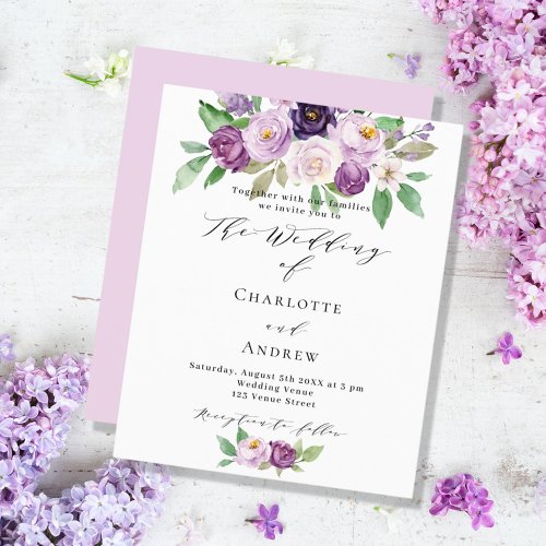 Violet floral watercolor budget wedding invitation