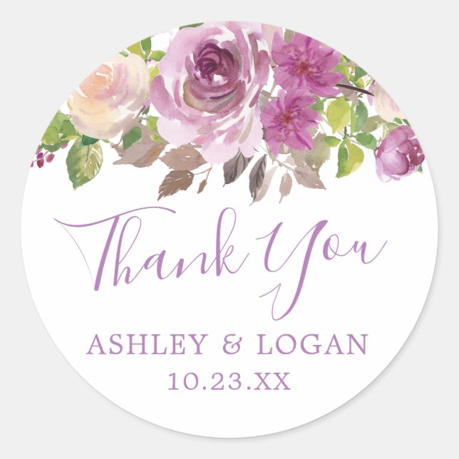 Violet Floral Wedding Thank You Favor Sticker (Front)