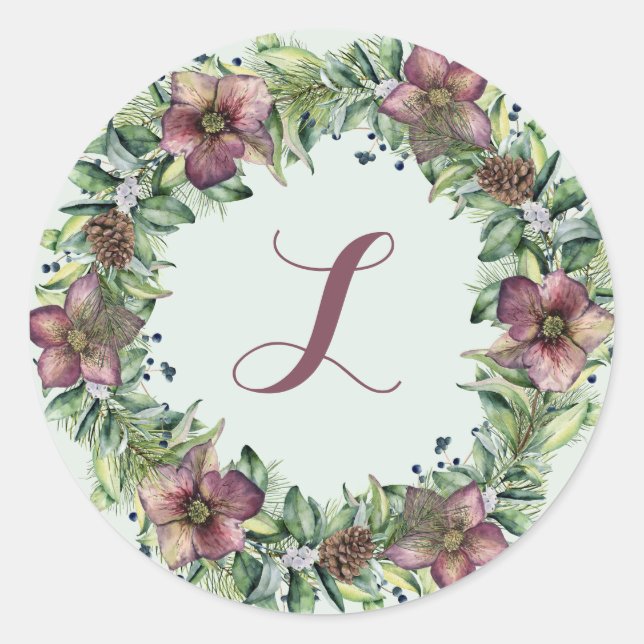 Violet Floral Wreath - Monogram Classic Round Sticker (Front)