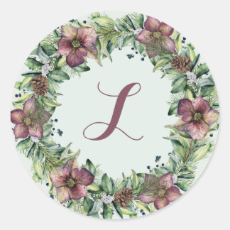 Violet Floral Wreath - Monogram Classic Round Sticker