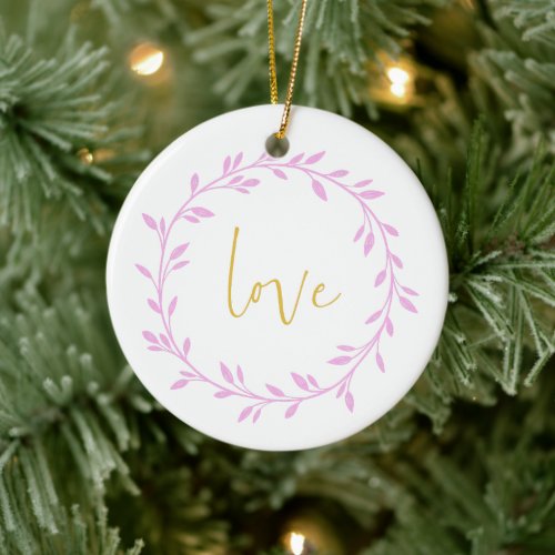 Violet Floral Wreath with Love in Yellow Script Ceramic Ornament