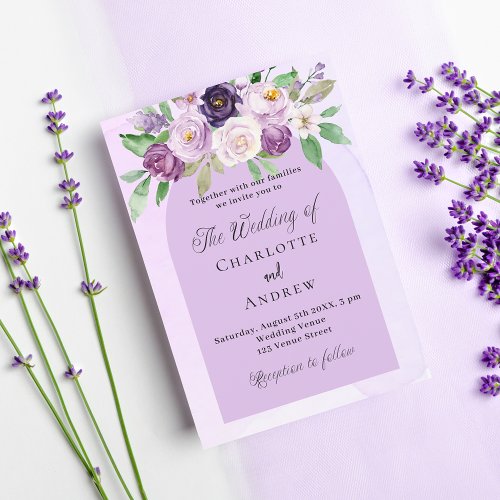 Violet florals arch purple wedding invitation postcard