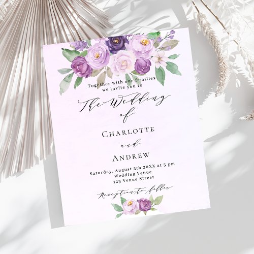 Violet florals greenery budget wedding invitation