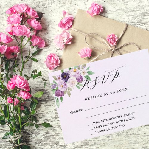 Violet florals lavender wedding response RSVP card