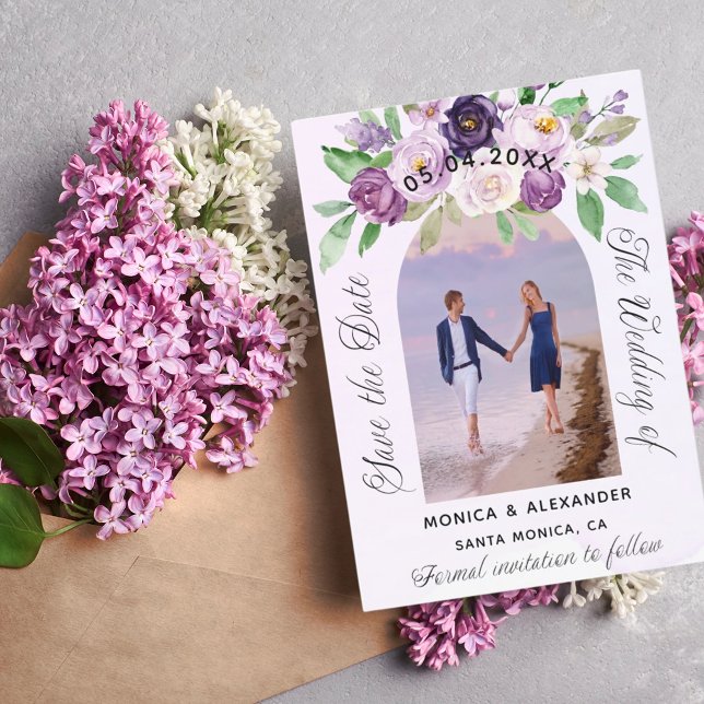 Violet florals photo wedding save the date announcement postcard (Creator Uploaded)