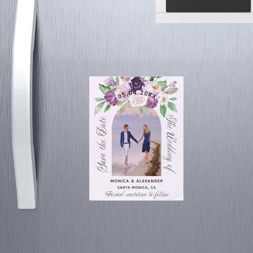 Violet florals photo wedding save the date magnetic invitation