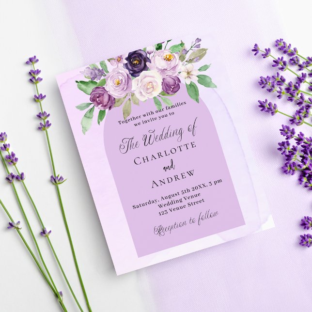 Violet florals purple budget wedding invitation (Creator Uploaded)