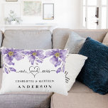 Violet florals white mr mrs names accent pillow<br><div class="desc">White background,  black text. Decorated with violet,   lavender colored flowers,  Mr and Mrs with a heart.  Personalize and add your names.</div>