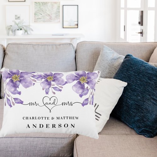 Violet florals white mr mrs names accent pillow