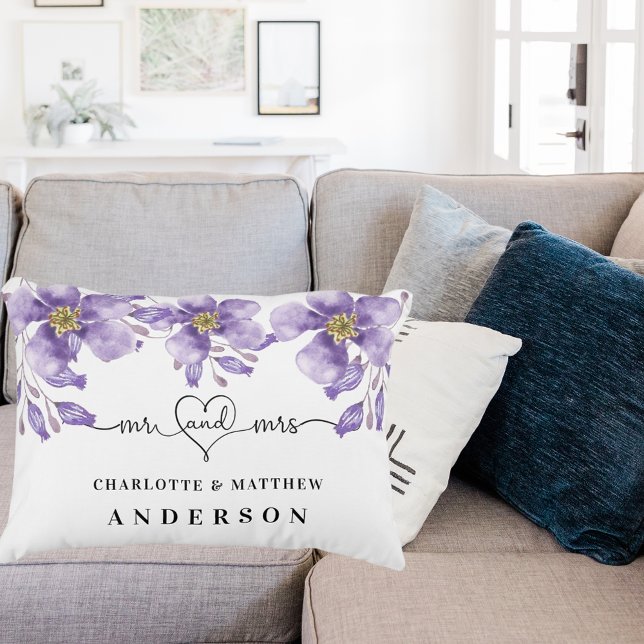 Violet florals white mr mrs names accent pillow (Creator Uploaded)