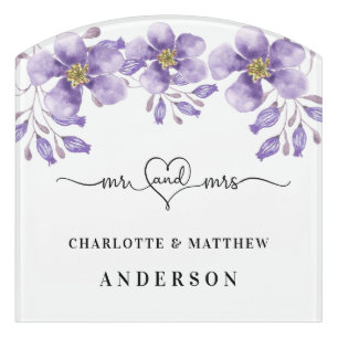 Violet florals white mr mrs names door sign