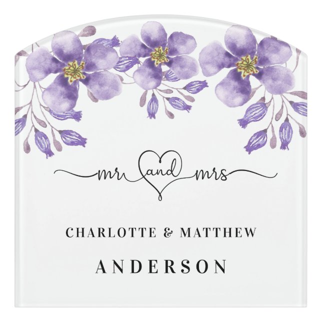 Violet florals white mr mrs names door sign (Contour Front)