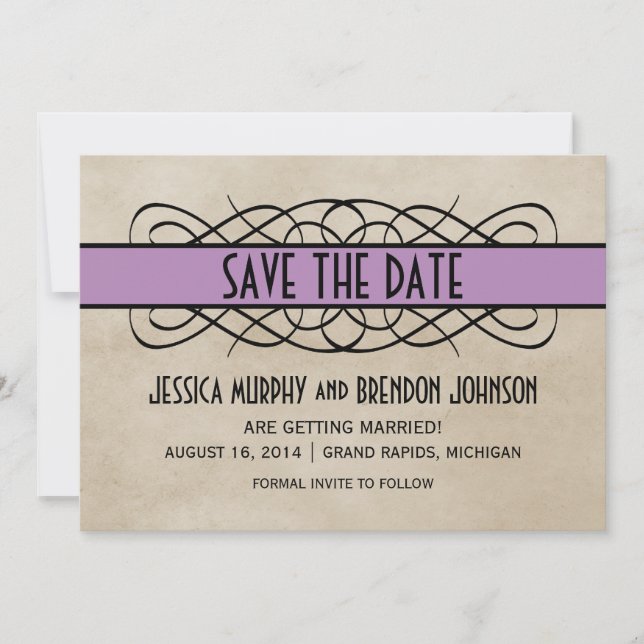 Violet Flourish Border Save the Date Invite (Front)