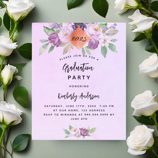 Violet flower budget graduation party invitation | Zazzle