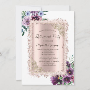 Violet Flower Glitter Frame,Rose Gold Retirement Invitation